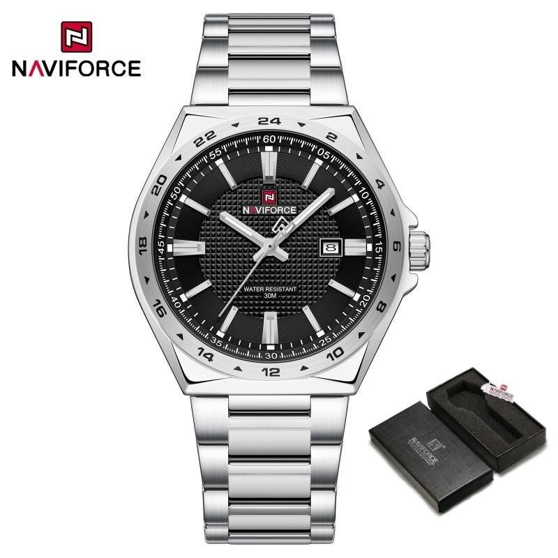 NAVIFORCE Уникальные мужские кварцевые часы Часы Отображение даты Стальной ремешок Водонепроницаемость 3 АТМ Светящаяся стрелка Мужские часы