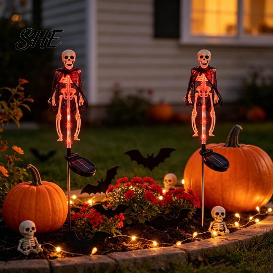 Horror Theme Cemetery Scene Solar Halloween Bat Garden Lights, Realistic Skeleton Pathway Decor, Waterproof LED Decorations Spooky Stake Light