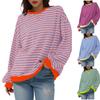 Women's Oversized Striped Color Blocking Long Sleeved Round Neck Sports Shirt Casual Loose Fitting Pullover Shirt Top