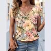 Colorful Flowers Summer Casual Female Commuter Elegant V-neck Short Sleeve T-Shirts Women’s