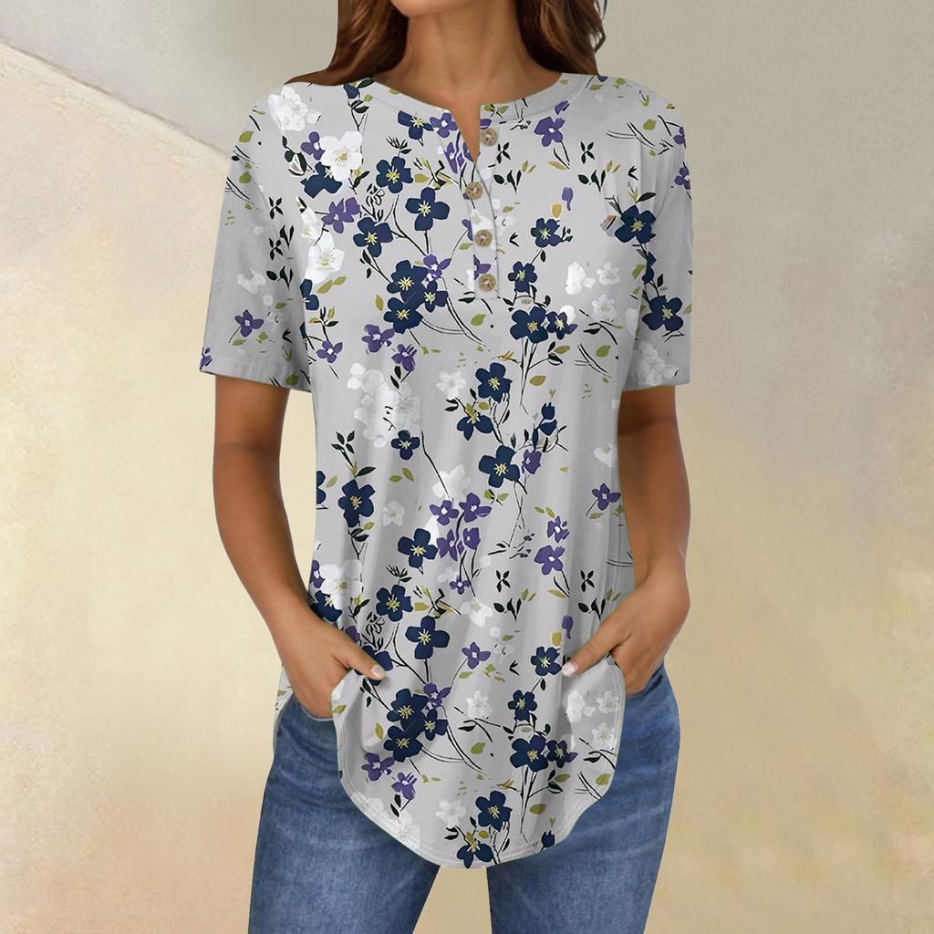 Short Sleeve Womens Tops Summer T-Shirts Floral Print V Neck Casual Basic Tee Button Shirts Tunic Tops