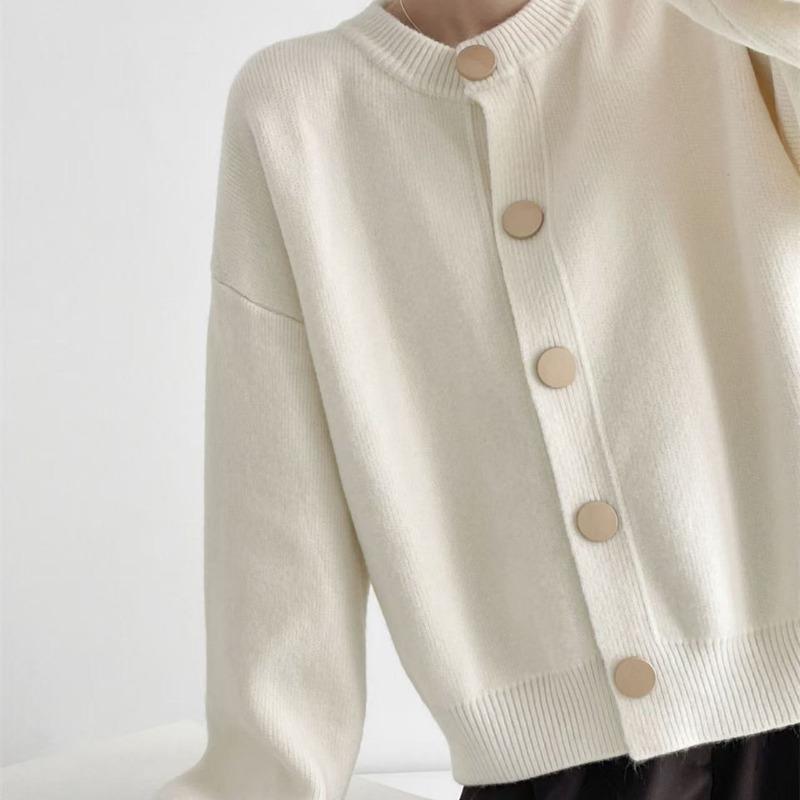 Дизайнерский однорядный трикотажный кардиган-жакет на весну и осень, однотонный, ленивый стиль, новый свободный топ с круглым вырезом на весну и осень