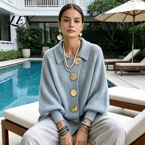 Metal Button Cardigan Women Oversized Knit Sweater, Collared Top with Large Relaxed Fit Buttons, Loose Lantern Sleeve Casual Sweater for Spring Autumn