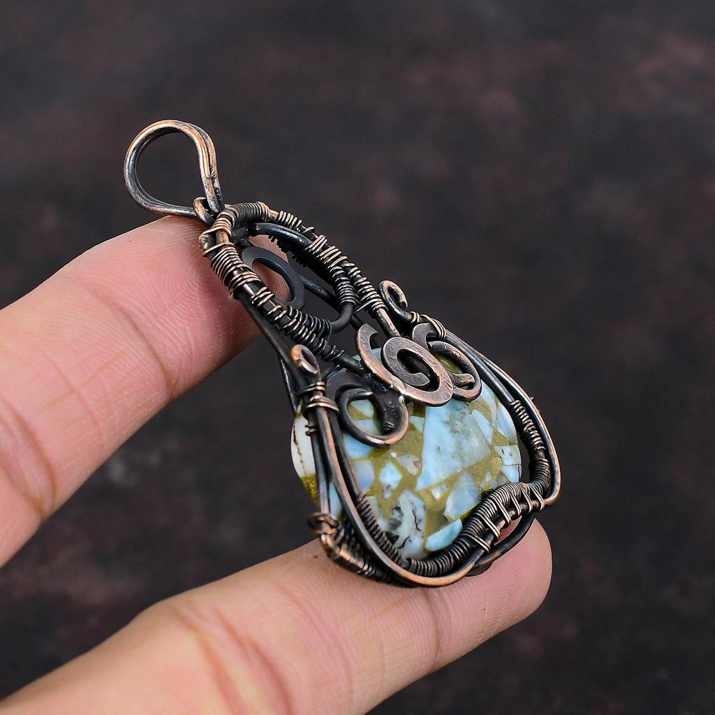 Медный кулон Ларимар, медная проволока, кулон с драгоценным камнем, медный ювелирный кулон для женщин, кулон ручной работы, ювелирный ларимар, подарок для жены