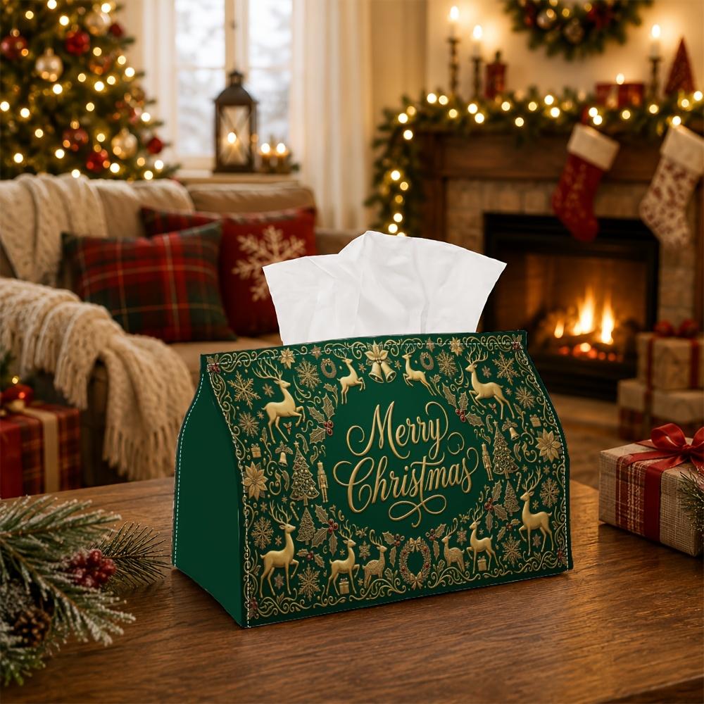 1pc Elegant Ornate Winter Tissue Box - Multi-functional Christmas Napkin Dispenser, Available Made of Durable Polyester, Decorated with Reindeer Figur