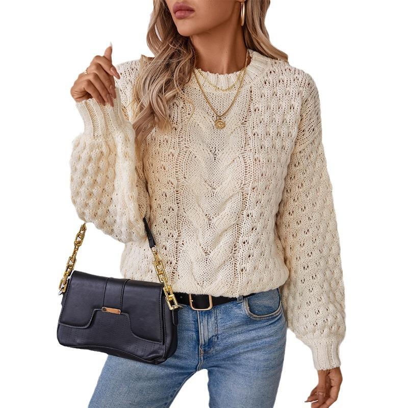 Женские осенние свитера с длинным рукавом и круглым вырезом, однотонные, объемные, повседневные, свободные, свитера, топы, тканые, с круглым вырезом для женщин