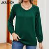JKAASHDK Women's Fashion Casual Solid Color Print Long Sleeve V-Neck Loose Blouses & Shirts Pullovers