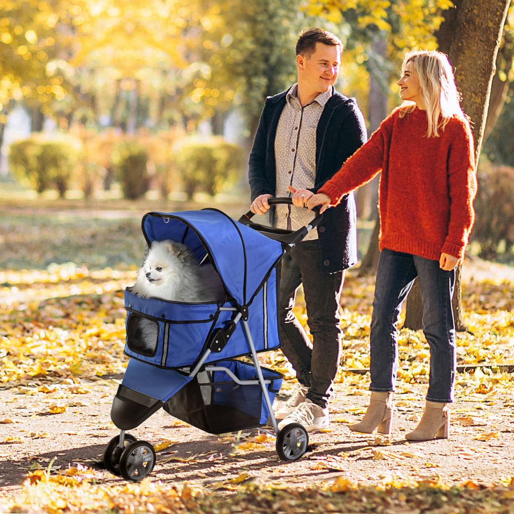 Foldable Dog Stroller, Dog Pushchair with Braked Wheels, Cup Holder, Storage Basket and Removable and Washable Padding, for Pets up to 10 kg, Blue