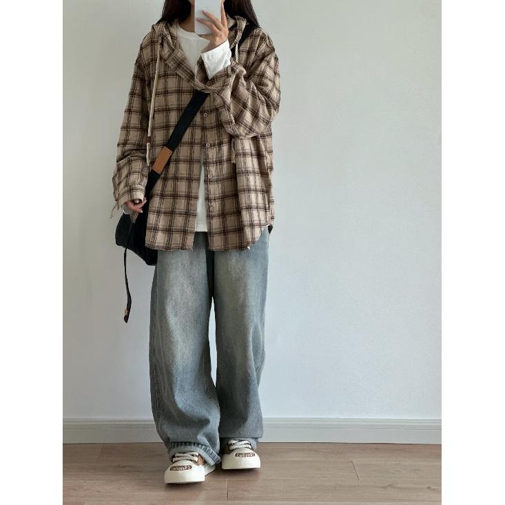 Рубашка с капюшоном и длинными рукавами в клетку в японском стиле в стиле Гонконга, свободная рубашка для мальчиков, летнее модное универсальное повседневное пальто