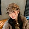 Тонкий берет в клетку Хлопковая женская восьмиугольная шляпа Шляпа художника Клетчатая облачная шапка Работа