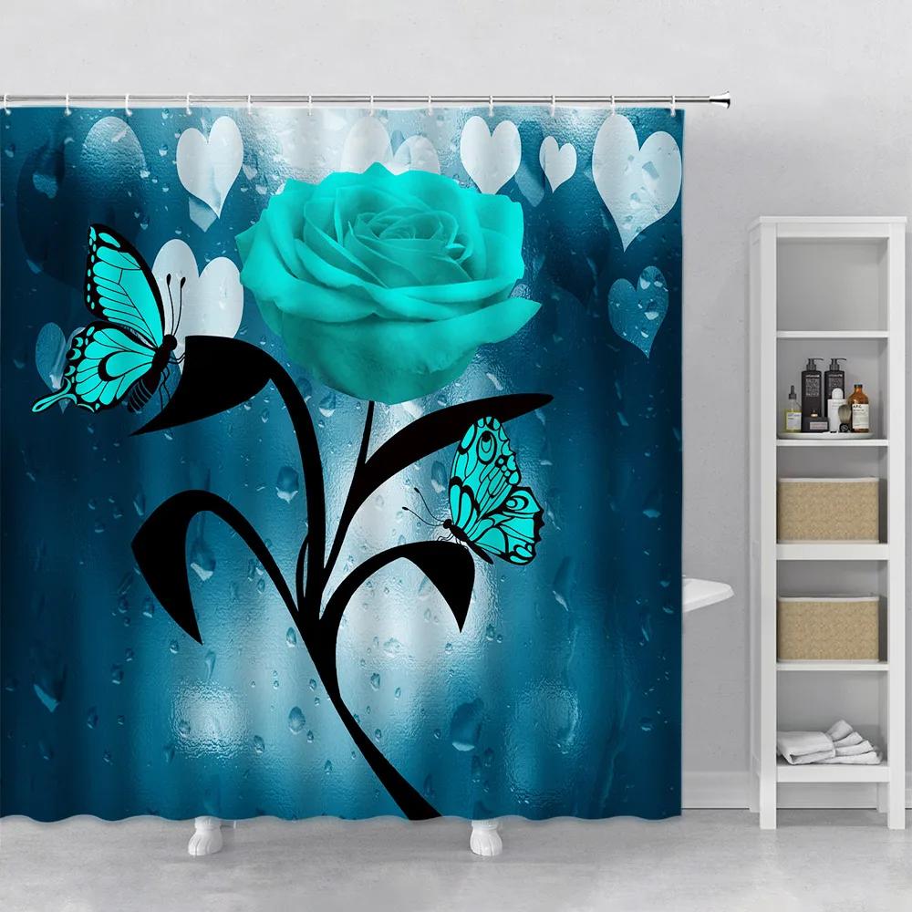 Набор штор для душа с цветами Орхидея Бирюзовый Роза Растение Цветочный Принт Листья Декор для ванной Тканевая занавеска для ванны Аксессуары для ванны Крючок