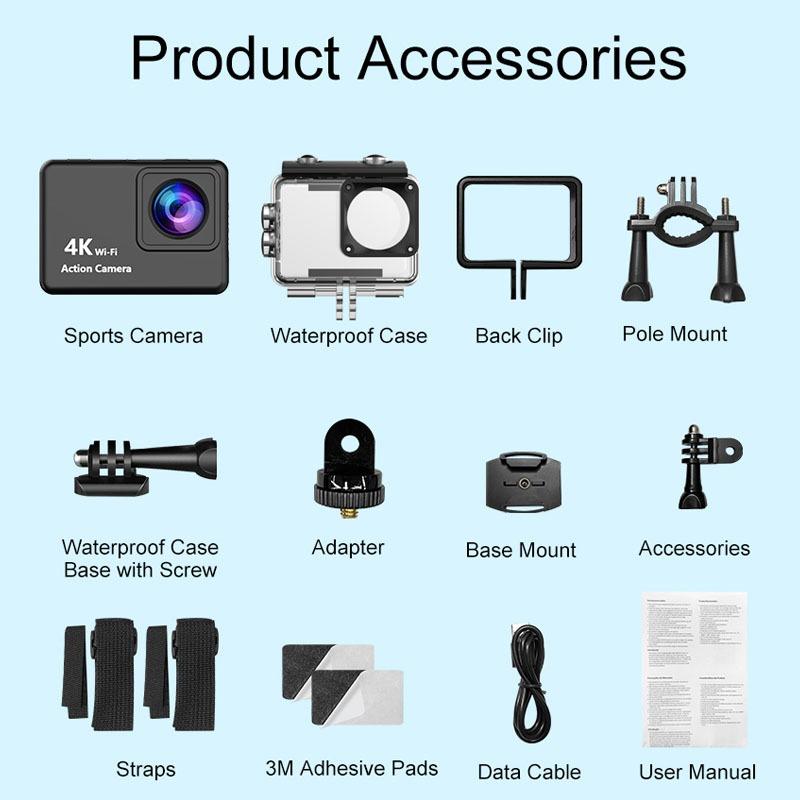 4K Ultra HD экшн-камера с WiFi, водонепроницаемая на 30 м, спортивная камера, 2,0-дюймовый экран, аккумулятор 900 мАч для активного отдыха, велоспорта, дайвинга, влогов