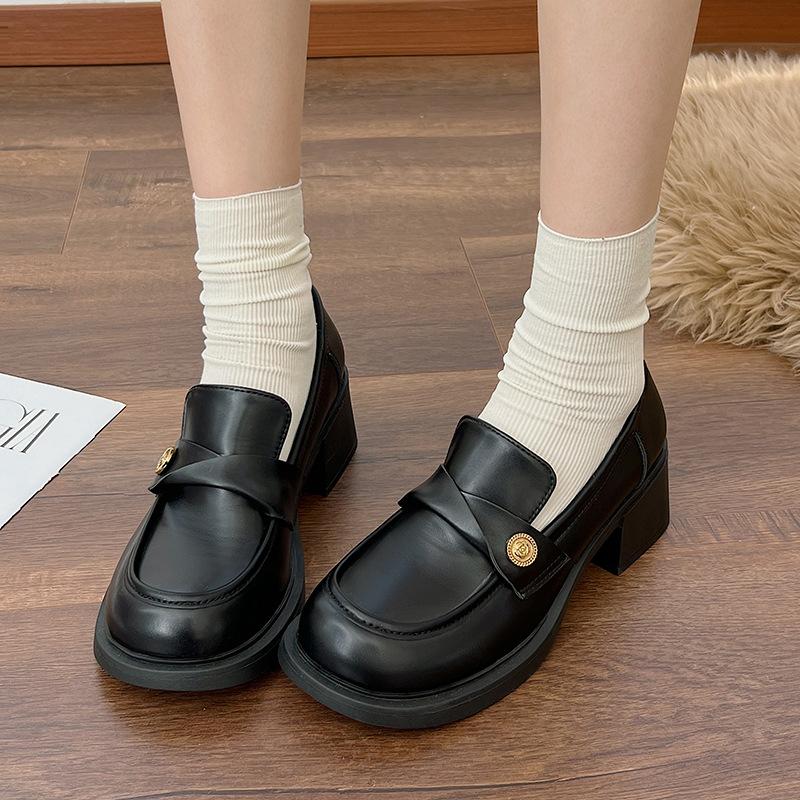 Retro Round Head One-pedal Brown Platform Small Leather Shoes Women's Spring and Autumn 2025 New French Thick-heeled Loafers