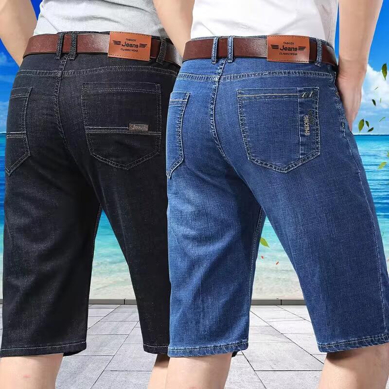 Летние мужские джинсовые шорты тонкие с вышивкой деловые повседневные прямые короткие джинсы одежда черные синие