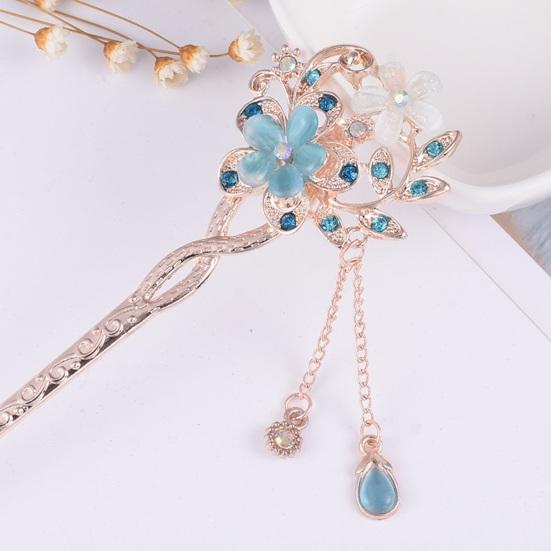 Women Hair Stick Chinese Style Vintage Colorful Rhinestone Flower Decor Tassel Hollow Out Exquisite Stainless Alloy Lightweight Hair Fork Hanfu