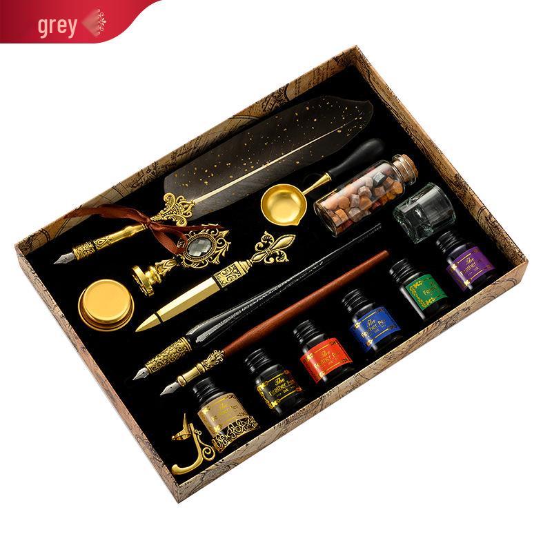 British Style Gold Splatter Feather Pen Set with Custom Logo - Ink Dipping Set, Birthday Gift