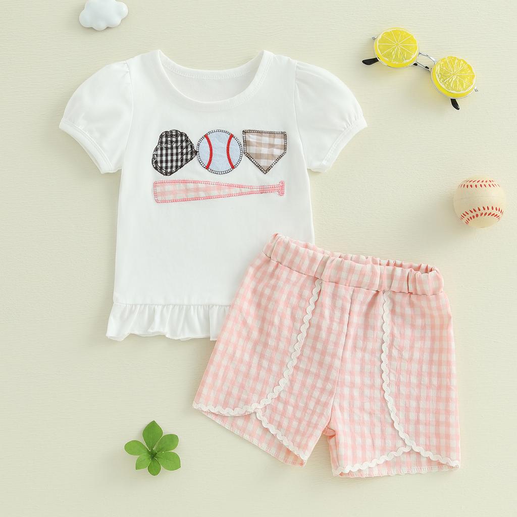 Комплект из шорт для девочки-подростка, бейсболка с вышивкой, рукавами-фонариками, оборками, клетчатые шорты с кружевной отделкой, летний комплект из 2 предметов