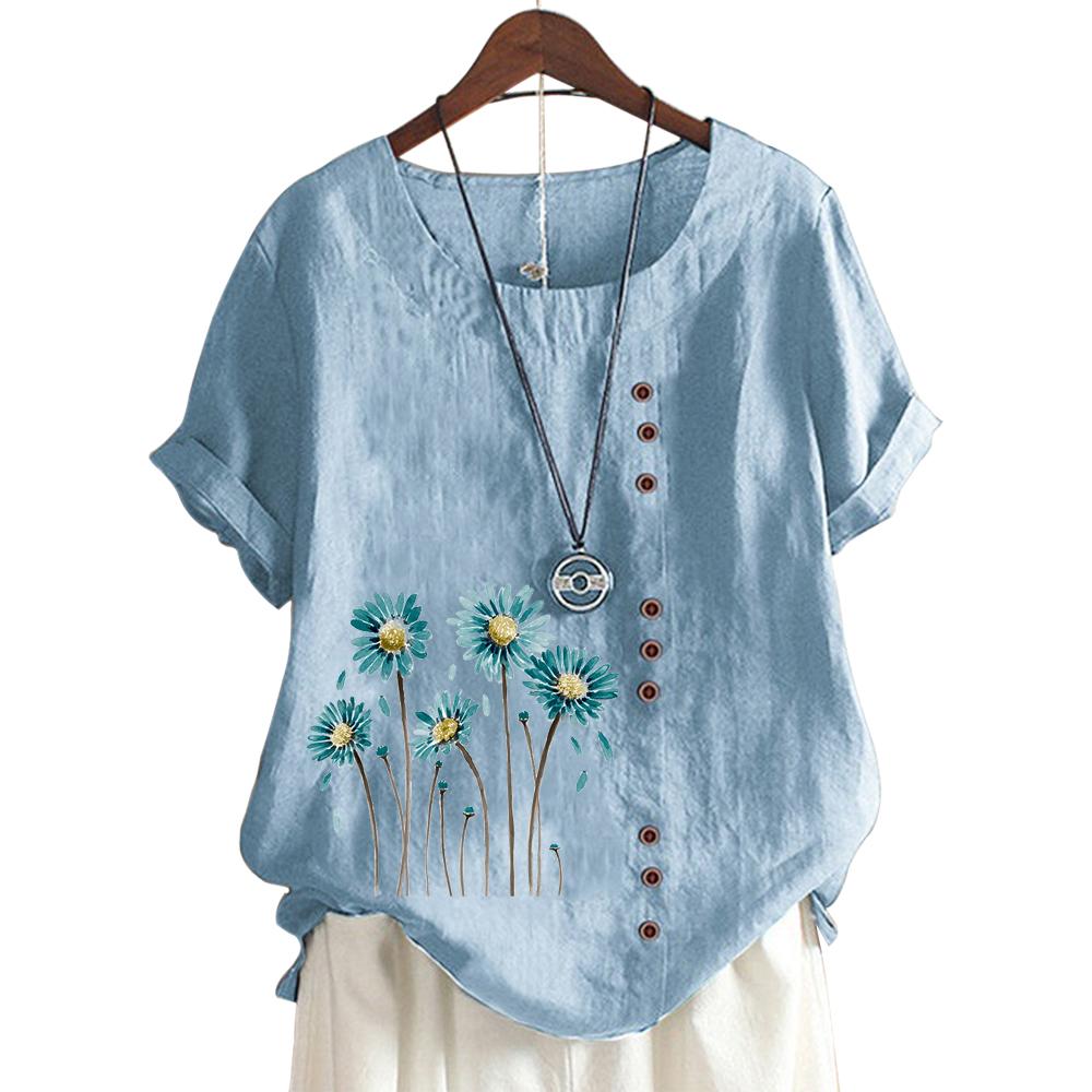 Trendy Ladies' Short Sleeve Top with 11 Colorful Floral Patterns and Round Neck