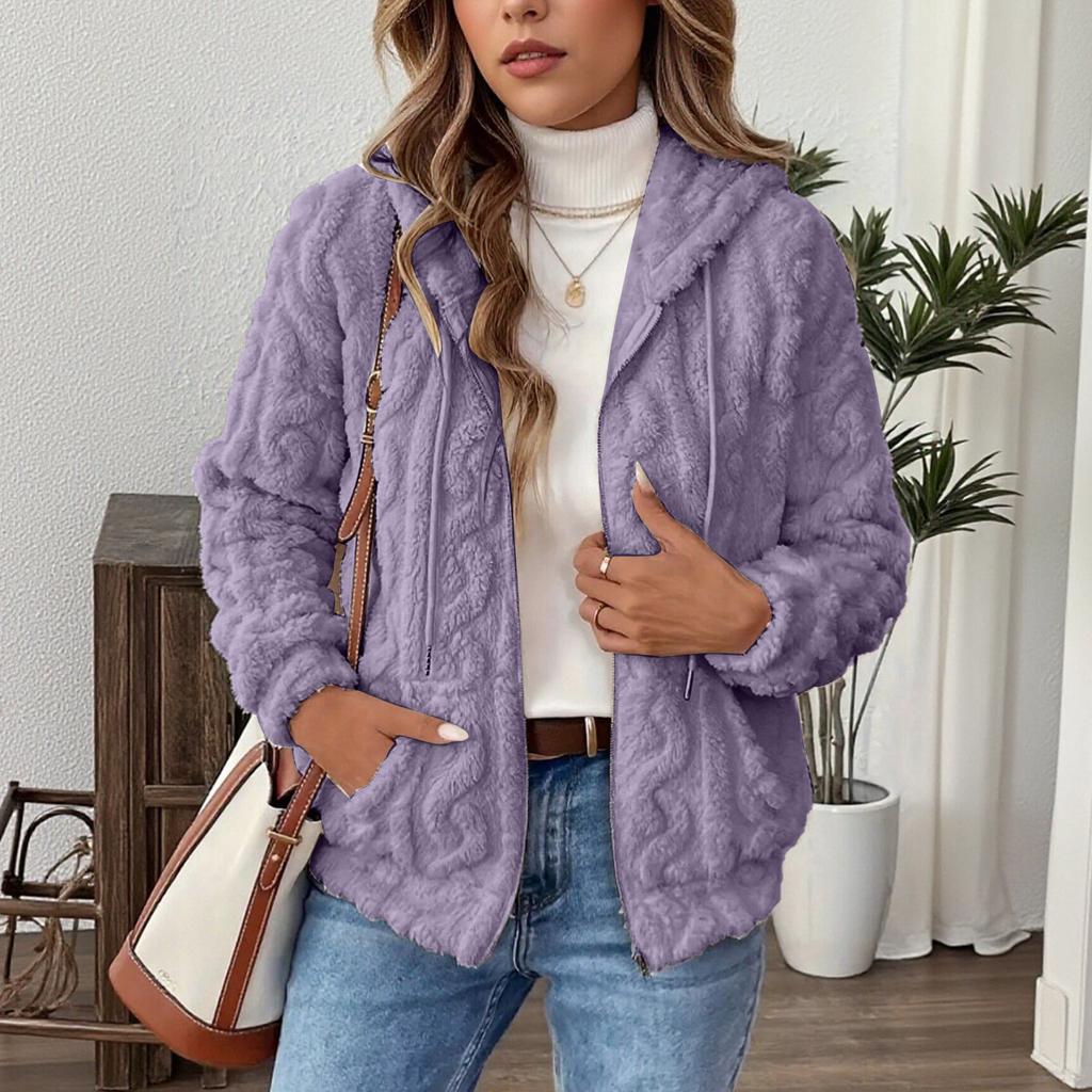 Women's Plush Jacket, Casual Solid Color Hooded Drawstring Jacket