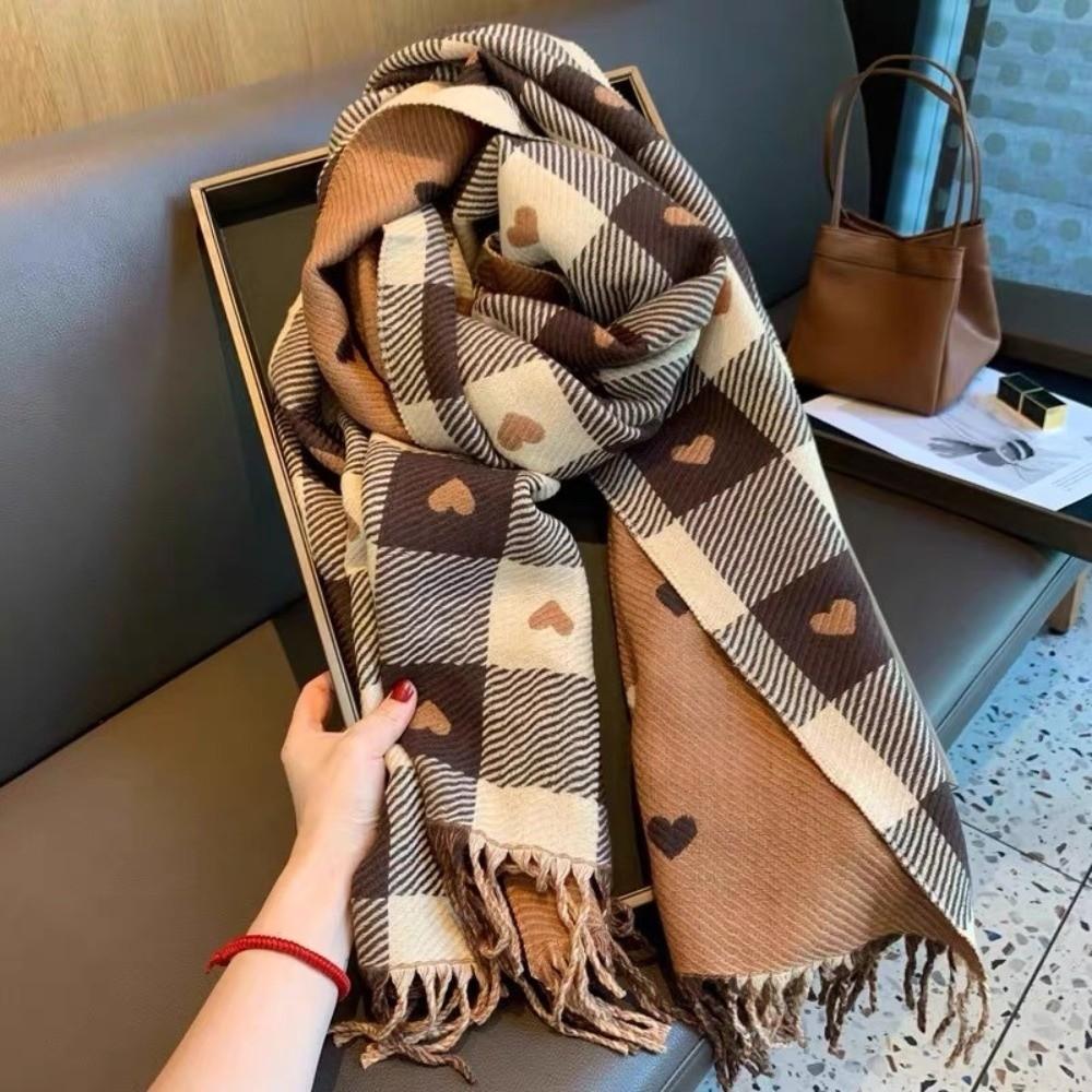 Love Heart Plaid Neck Warmer Coldproof Tassel Neckerchief New Imitation Cashmere Shawl Women