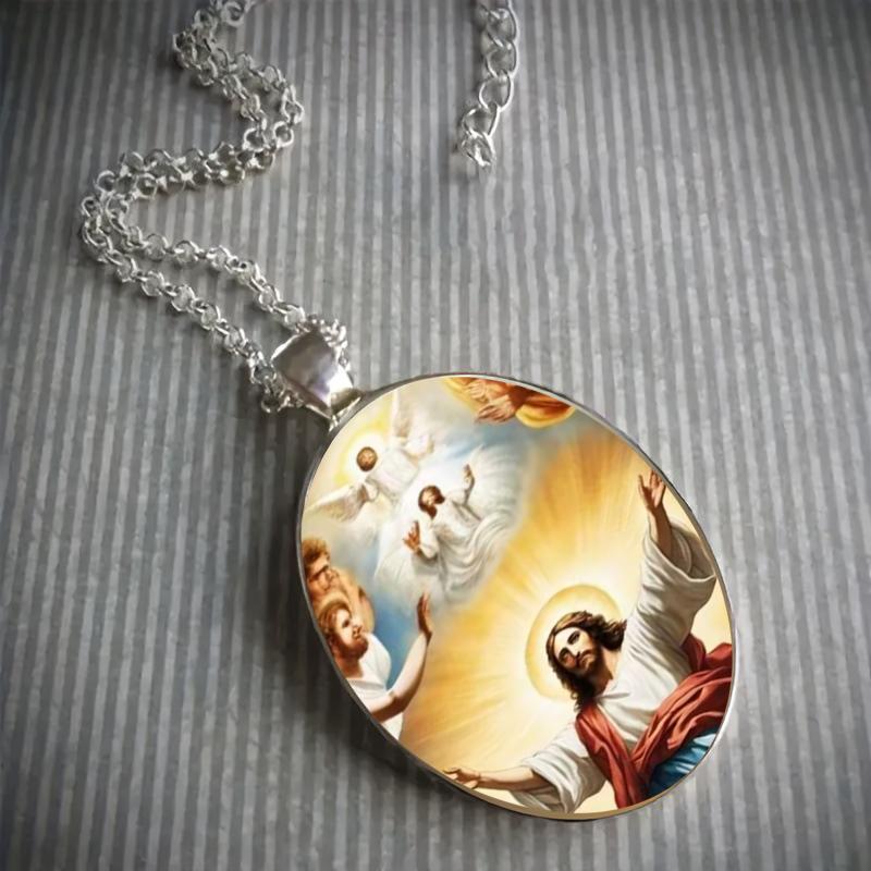 Holy Jesus With Outstretched Arms, A Protective Amulet Necklace Pendant, Made Of Time-Jeweled Glass.