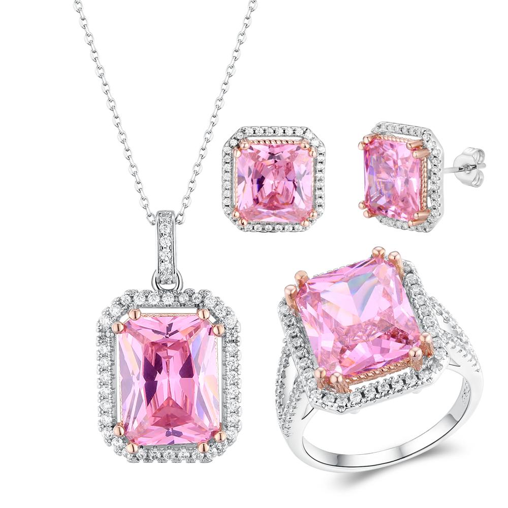 Top Quality 925 Silver Jewelry Sets Pink Quartz Cubic Zircon Ring Earrings Pendant Necklace Jewelry Set Wholesale Fine Jewelry