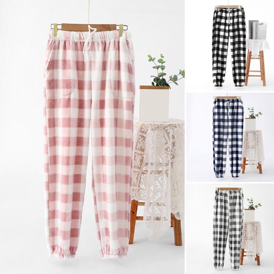 Winter Pajama Pants Thick Plush Elastic Waist Plaid Print Loose Keep Warm Leg-Binding Design Unisex Homewear Trousers Solid Color Lounge Bottoms