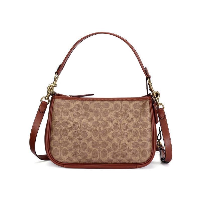 Coach Кэри 28 классическая для пресбиопии на молнии с металлической пряжкой, логотип C, покрытие из холста и телячьей кожи, портативная, на плечо, через плечо, большого размера, женская, коричневая