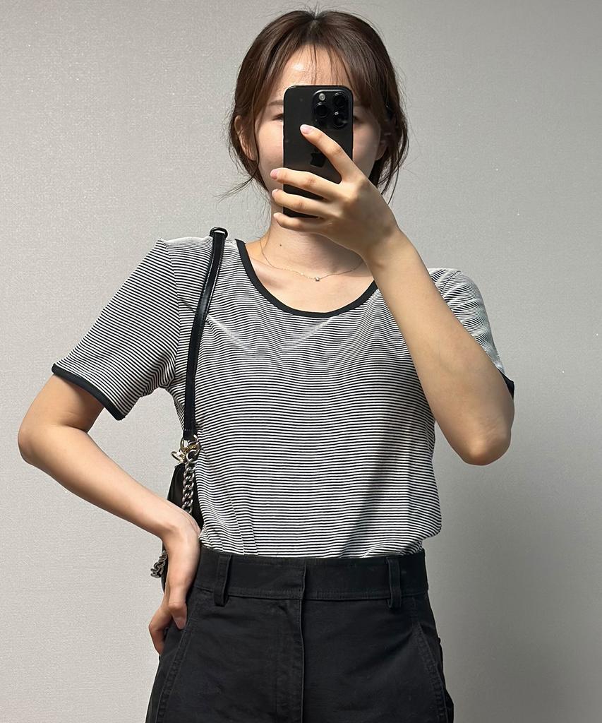 MIND BRIDGE WOMEN [W] U-Neck Striped Ringer Short Sleeve T-Shirt
