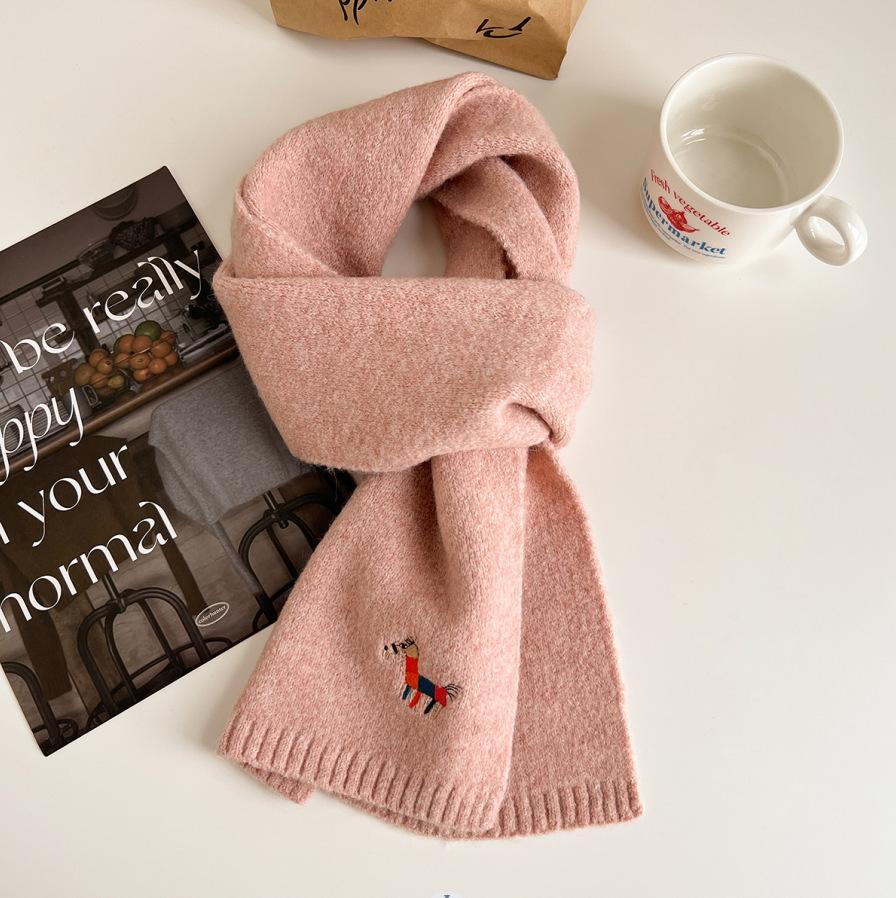Korean cotton knitted wool scarf women's autumn and winter atmosphere white thickened warm solid color scarf