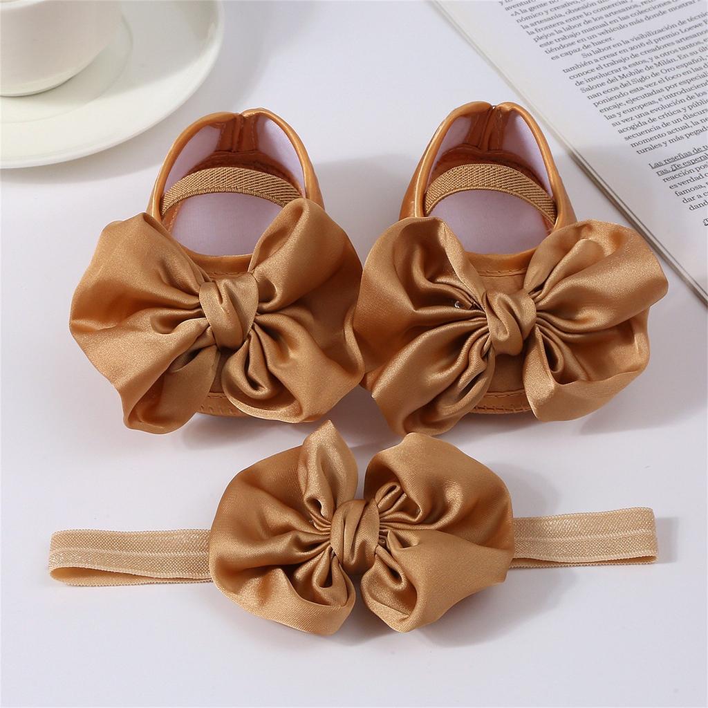 Детские однотонные туфли + комплект с резинкой для волос с большим бантом на клею, мягкая нескользящая обувь для малышей