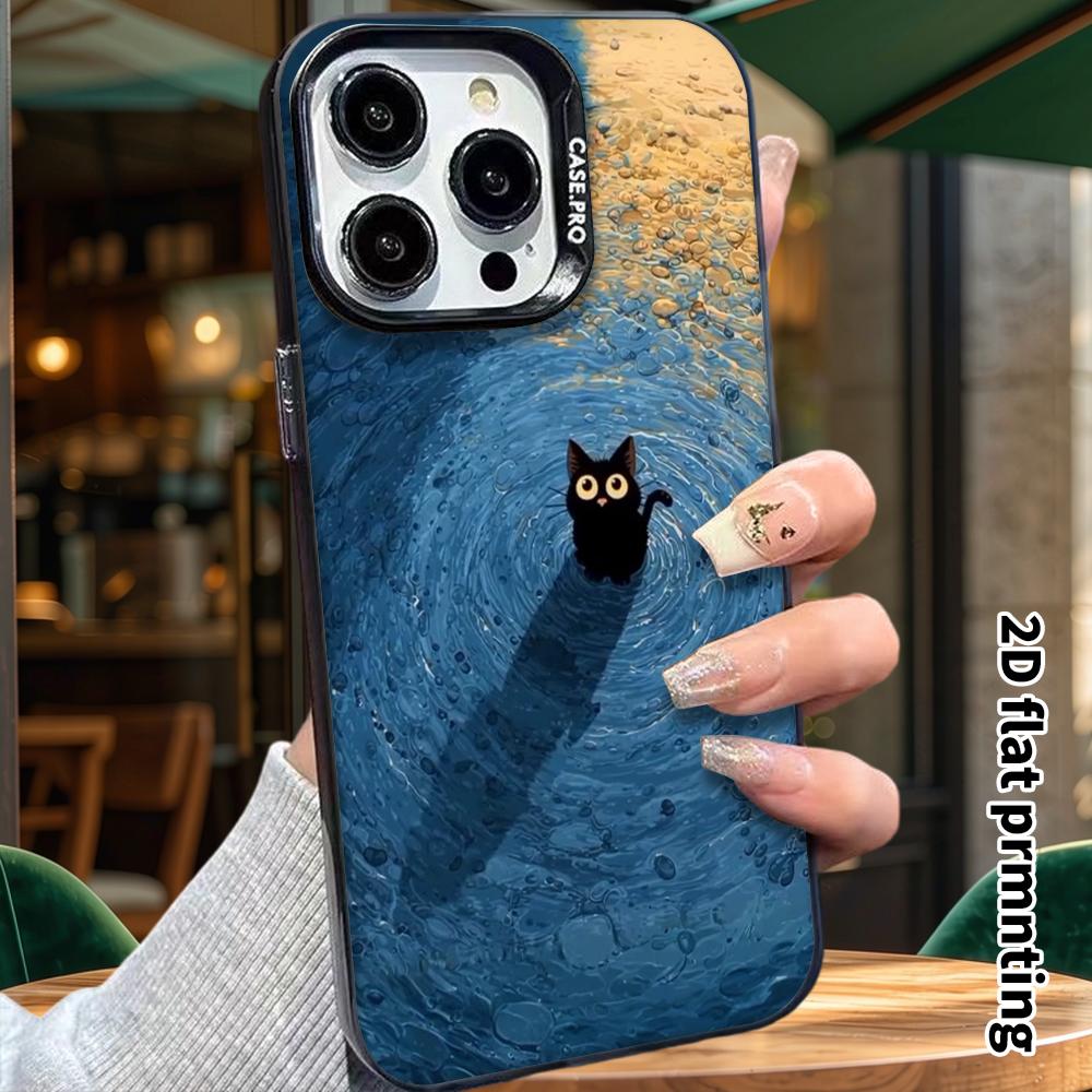 Phone Case: 2D flat design suitable for iPhone 18 17 16 15 14 13 Pro, colorful silver protective case, couple style, little black cat in water, Christ
