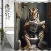 Funny Tiger Toilet Reading Shower Curtain, Decorative Curtain for Bathroom, Waterproof Shower Curtain with Hook 180x230cm