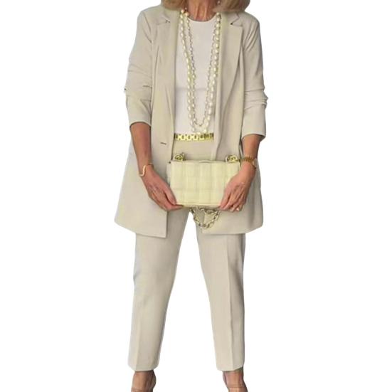 2 Pcs/Set Women Suit Coat Pants Set Single Button Lapel Long Sleeves Soid Color High Waist Straight Trousers OL Commute Business Formal Style Outfit