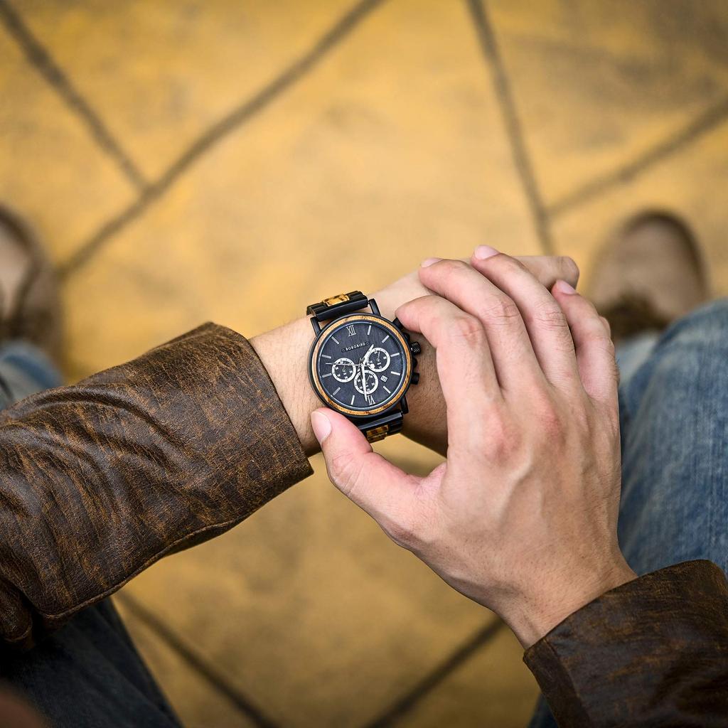 BOBO BIRD 2021 Новые часы Деревянные часы Аналоговые кварцевые повседневные деревянные часы с подарочной коробкой Мужские (черный)