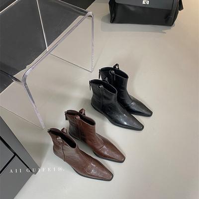 2025 осень и зима новые ретро ручной работы на толстом каблуке короткие сапоги женские остроносые сапоги-рыцари задняя молния V-образный вырез западные ковбойские сапоги