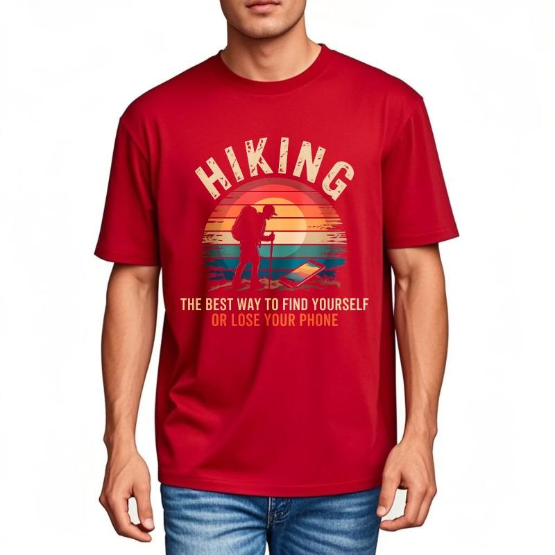 Anime Man Summer Tshirt Hiking Sunset Hiker Phone Nature Adventure Outdoors Exploration Short Sleeve Cotton ONeck Women