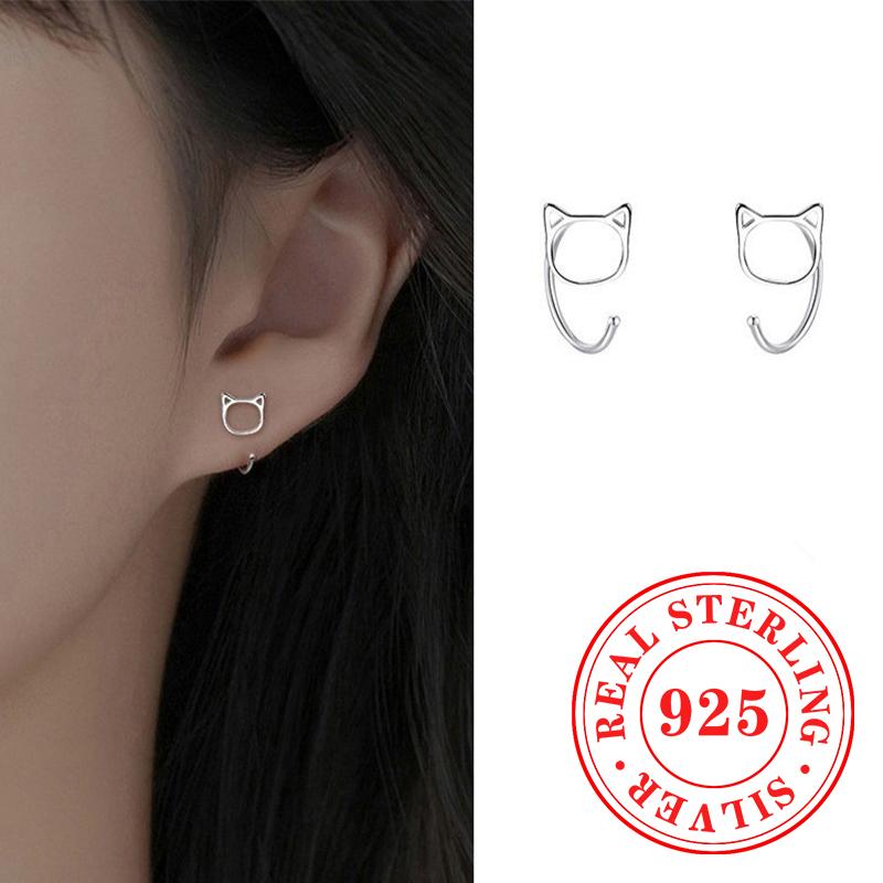 Милые серьги-пусеты в виде кошек Стерлинговое серебро Высокое качество Великолепные аксессуары для женщин Милые блестящие праздничные украшения Подарки