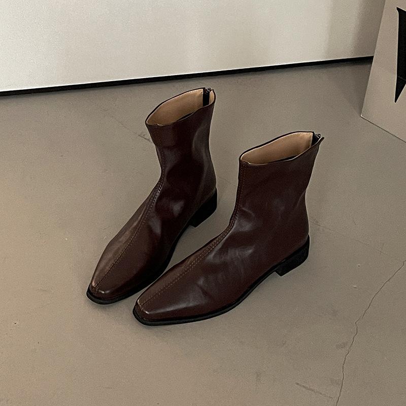 Retro Pleated Pointed Leather Boots Slim Short Boots Women's Autumn and Winter New Fashion Thick Heel Fashion Single Boots Martin Boots Trend