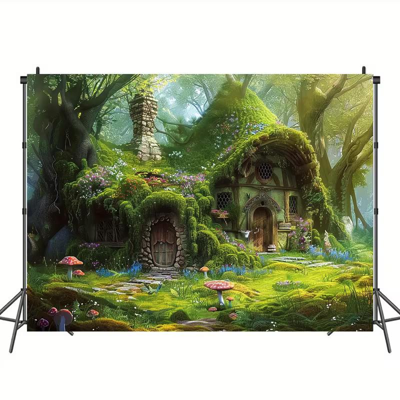 2D Enchanted Cottage Tapestry, Magical Forest Hobbit House & Mushroom Wall Art for Kids Bedroom & Nursery