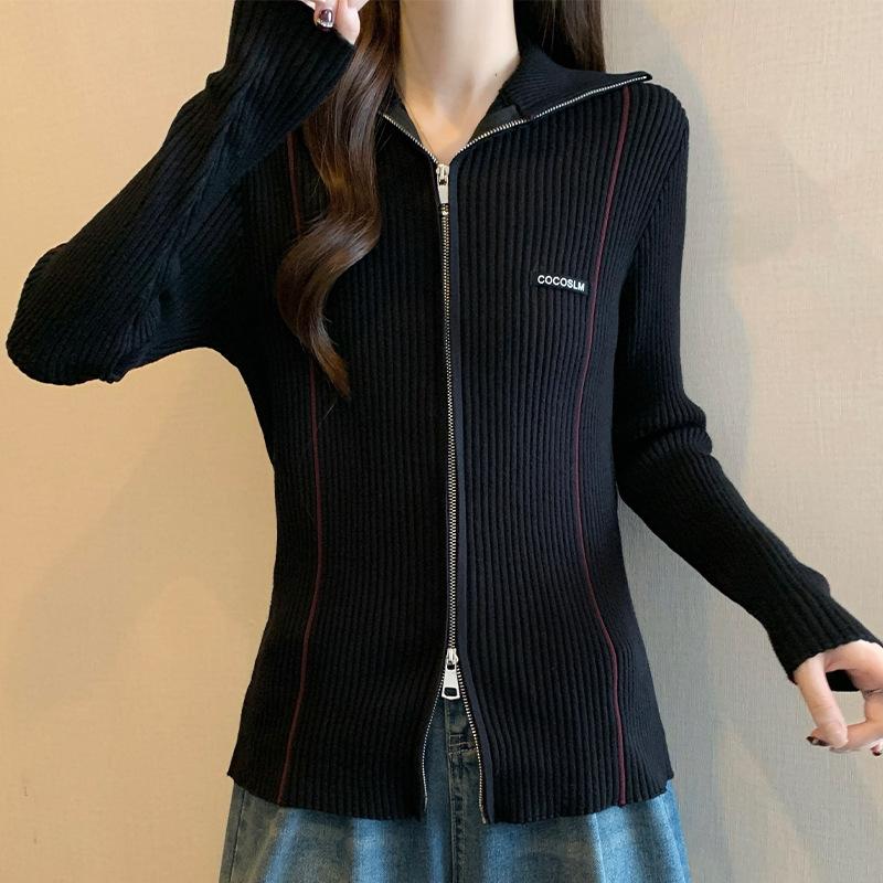 Черный вязаный кардиган для женщин на осень и зиму, новый корейский стиль, дизайн, двойная молния, топ с лацканами