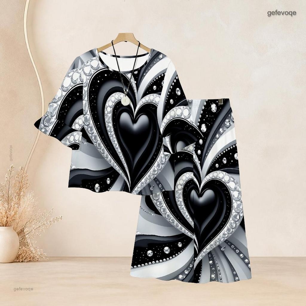 Women Plus Size Round Neck Flared Half Sleeve USA Flag Printed White Two Piece Long Skirt Set