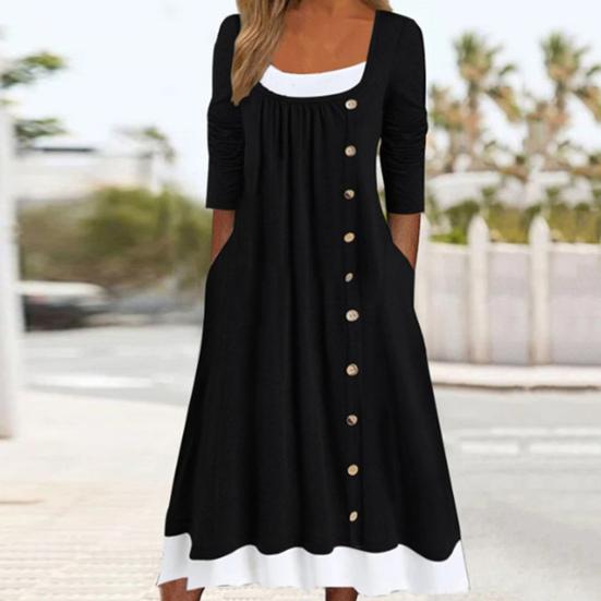 Женское осеннее платье, подходящее по цвету лоскутное платье из двух частей, плиссированное платье с пуговицами, трапециевидное платье с боковыми карманами и длинными рукавами, с круглым вырезом, миди-платье