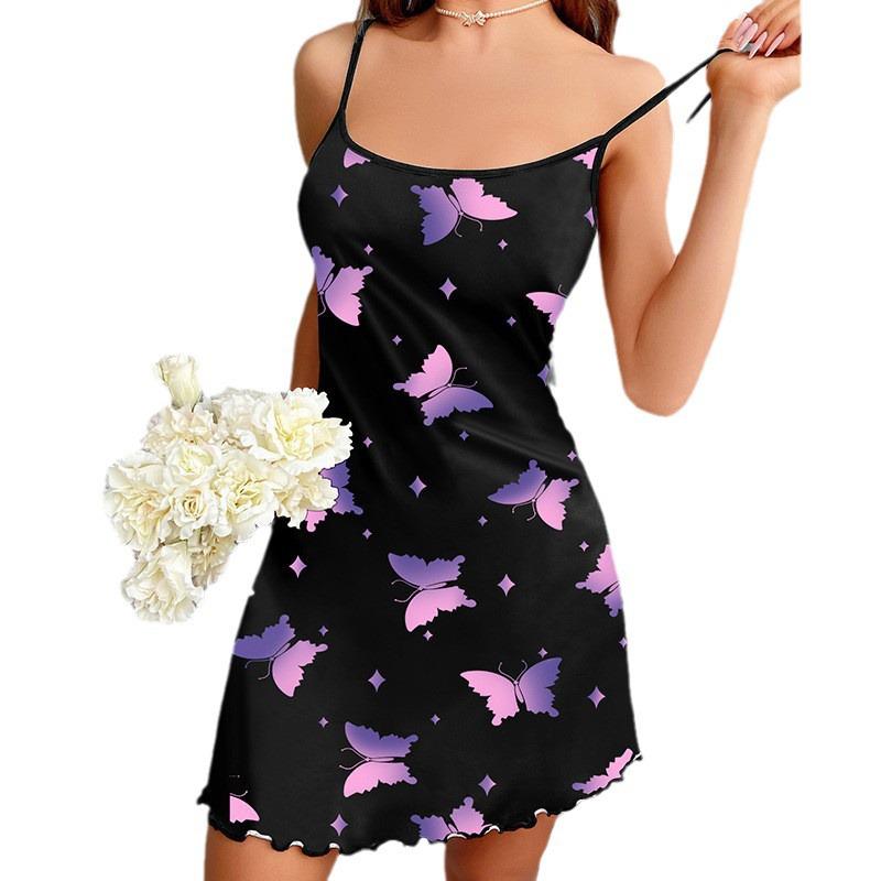 Французская пижама из молочного шелка в стиле бабочки - Сладкая ночная сорочка-майка для весны/лета