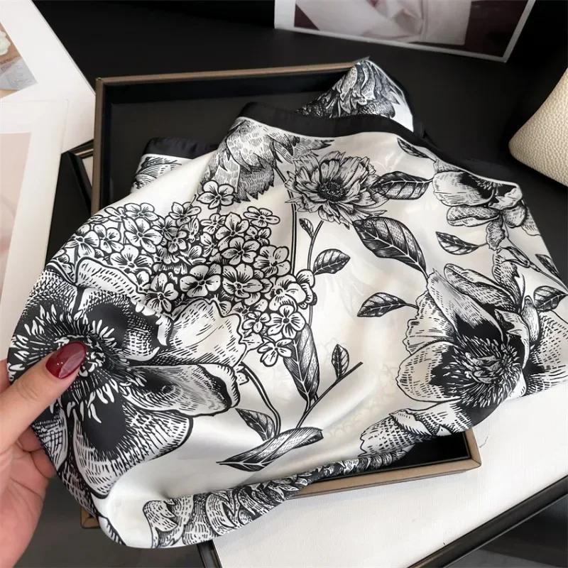 Fashionable Black Flower Scarf 70*70cm Summer Breathable Silk Scarves for Woman Outdoor Sun Protection Wraps