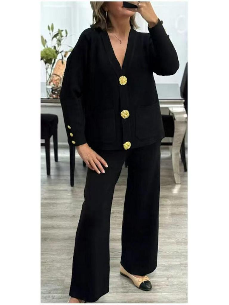 European Style Women's Knit Cardigan & Wide-Leg Pants Two-Piece Set