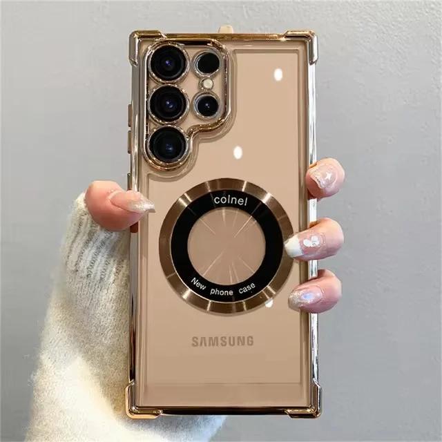Роскошный магнитный чехол для беспроводной зарядки Samsung S25 S24 Ultra S23 FE S22 Plus, прозрачный противоударный защитный чехол для камеры