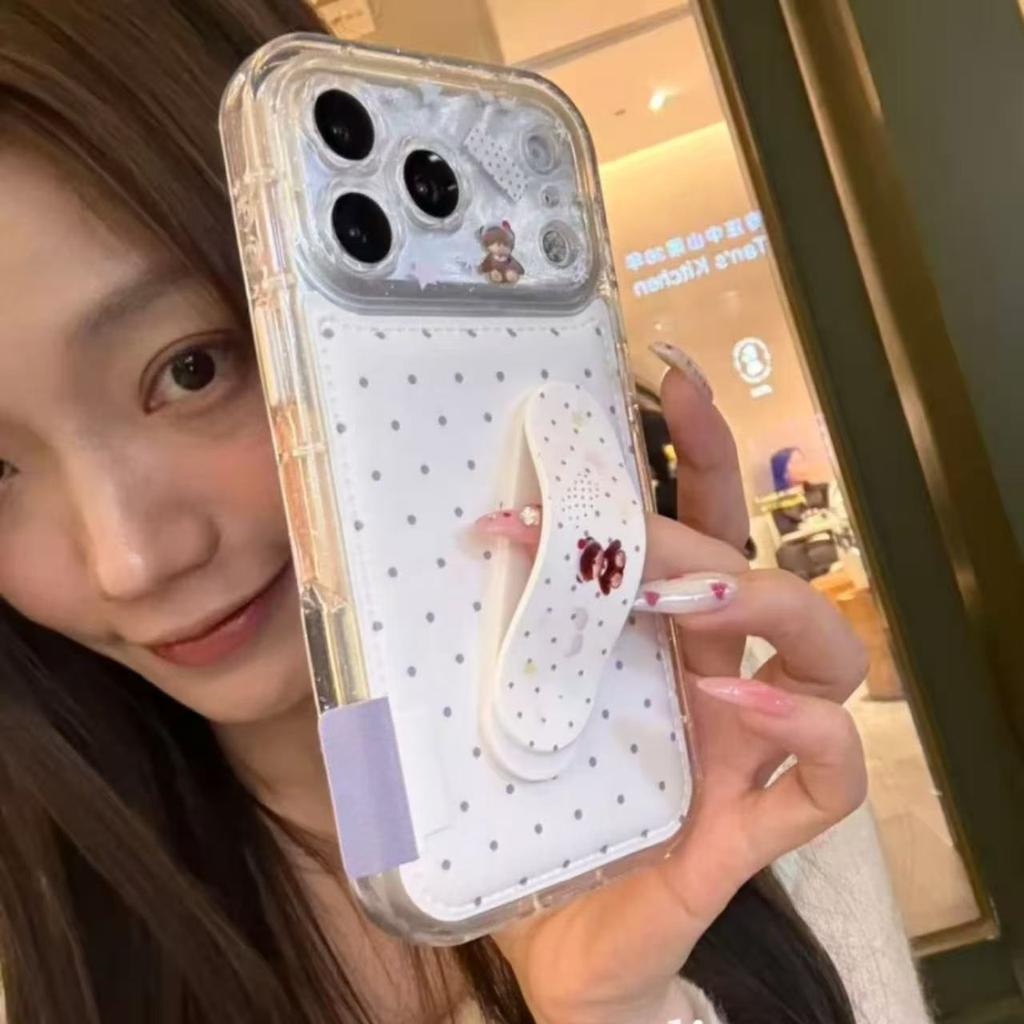 Нишевый ins подставка с рисунком в горошек и мишкой подходит для iphone17promax apple 16pro чехол противоударный 15 кожа