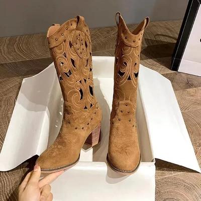 Дизайн Полые Вышитые Винтажные Вестерн Сапоги Женские Осень Массивный Каблук До Колена Ковбойские Сапоги Женские Искусственная Кожа Рыцарские Ботильоны