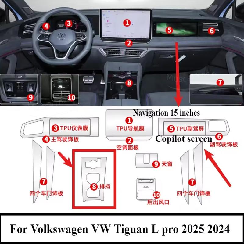 For VW Tiguan L pro 2025 2024 PPF Protection film Accessories Car Interior transparent TPU Navigation Gear Panel Center Console